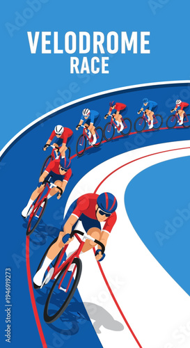 Dynamic Velodrome Competition Illustration Depicting Cyclists Racing Around a Curved Track at High