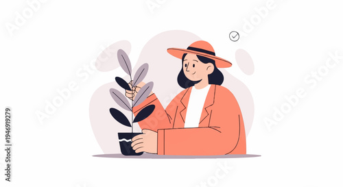 Flat illustration of a person in a hat tending to a potted plant