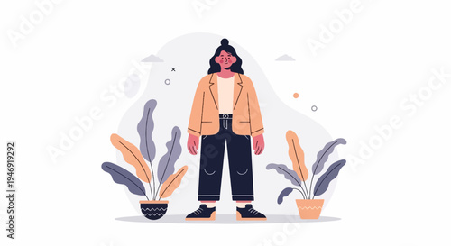 A person in a blazer and pants stands between two potted plants with colorful leaves