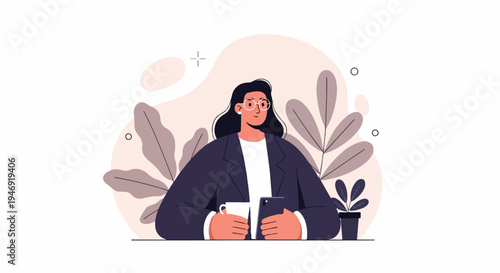 A person with glasses in a blazer holds a phone and mug amidst abstract shapes and foliage