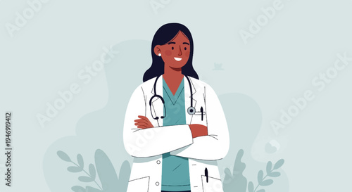 Flat illustration of a doctor with stethoscope and crossed arms, against a soft, natural background