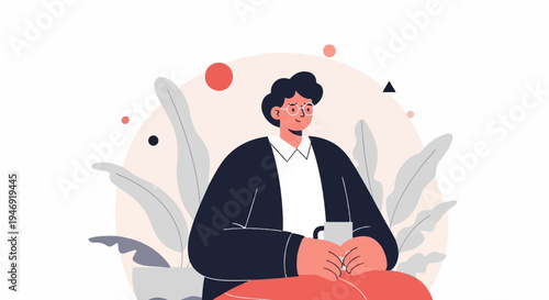 A stylishly dressed person with glasses holds a mug amidst abstract plants and shapes, exuding calm