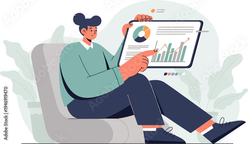 Person analyzing charts on a tablet while seated