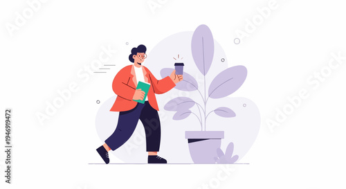 Person in orange jacket walking with coffee and book near a potted plant