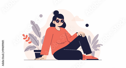 A person in sunglasses sits relaxed among potted plants on a white background
