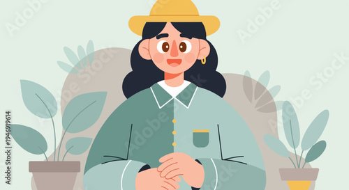 A cheerful, stylized woman in a yellow hat and green outfit stands amidst lush indoor plants