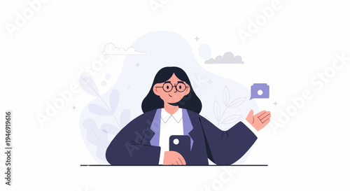 A woman in glasses and a suit holds a phone, gestures with her hand