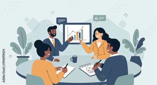 Diverse professionals collaborate around a table, analyzing a growth chart, in a modern office setting