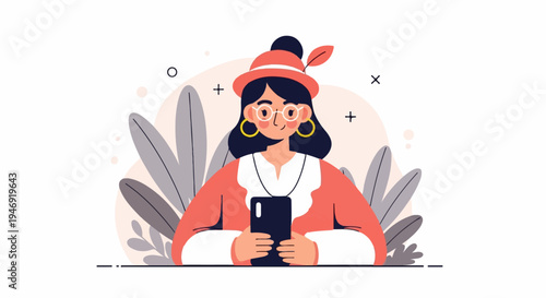 Flat illustration of a person with a hat and phone, surrounded by abstract plant shapes