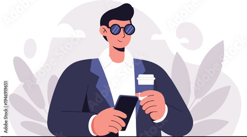 Stylish man in a suit holds a phone and a coffee cup, surrounded by abstract leaves