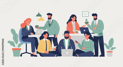 Diverse colleagues in a modern workspace collaborate using laptops and coffee