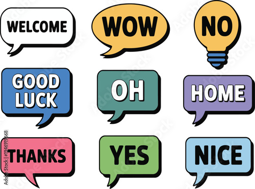 Collection of nine colorful speech bubbles with positive and negative words isolated on transparent background for communication and expression