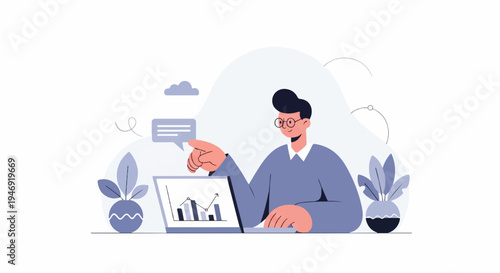 Person with glasses points at laptop displaying a bar and line graph, with plants nearby