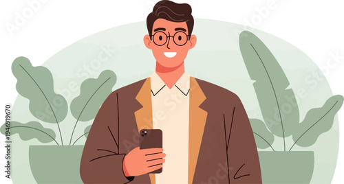A smiling man in a jacket and glasses holds a phone, with plants in the background