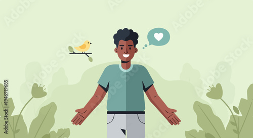 A smiling person with open arms stands in nature, a bird on a branch near a heart speech bubble