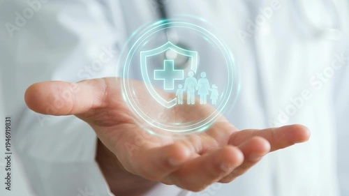 Digital family health insurance policy medical safety life security concept with hand holding hologram shield and people icon for protection care advanced technology protecting loved ones peace