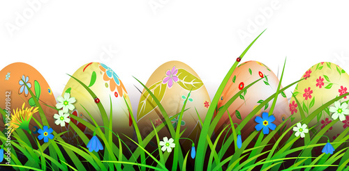 Easter illustration, eggs with a beautiful pattern in the grass with flowers.
