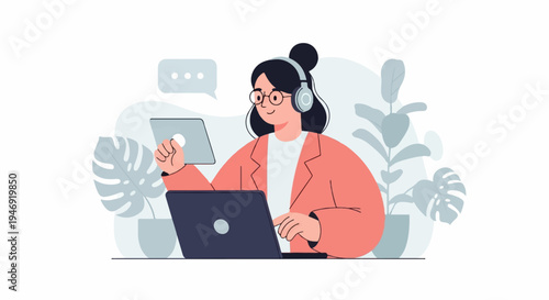 Woman in headphones working on laptop and tablet amidst houseplants
