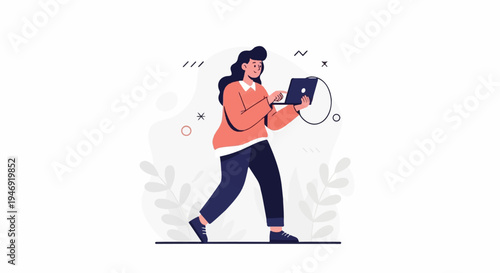A stylized person walks while looking at a laptop