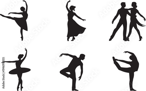 Dynamic collection of diverse dancer and stretching silhouettes capturing graceful movement and various expressive performance arts