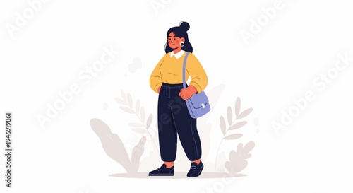 Flat illustration of a woman in casual attire with a shoulder bag, standing amidst stylized foliage