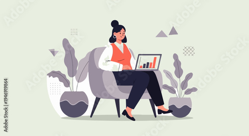 Person in comfy chair working on laptop with plants and abstract shapes