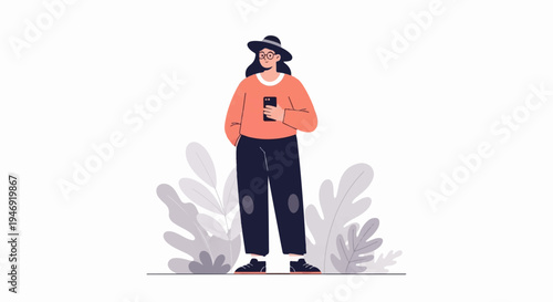 A person in a hat and glasses holds a smartphone, standing amidst stylized foliage