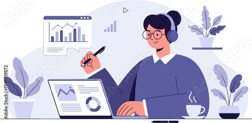 Person with headphones and glasses analyzes charts on a laptop while working