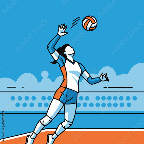 Dynamic Volleyball Player Spiking The Ball Against Blue Sky in a Vibrant Illustration