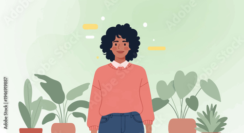 A young person stands confidently amid lush green plants, with cheerful yellow and white accents in the background