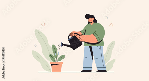 Stylized person watering a potted plant with a watering can