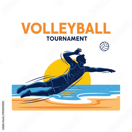 Dynamic Volleyball Tournament Emblem Featuring Athlete Spiking Ball on Beachy Background