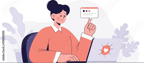 Person at laptop with plant and chat bubble