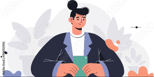 A person in glasses, wearing a suit and holding a device