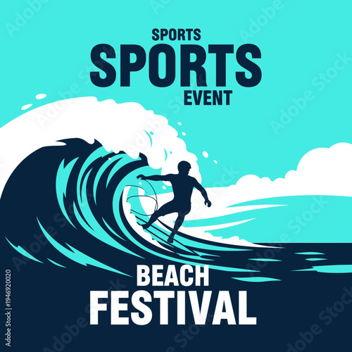 Dynamic Wave Rider Surfing at Sports Event Beach Festival Illustrative Design