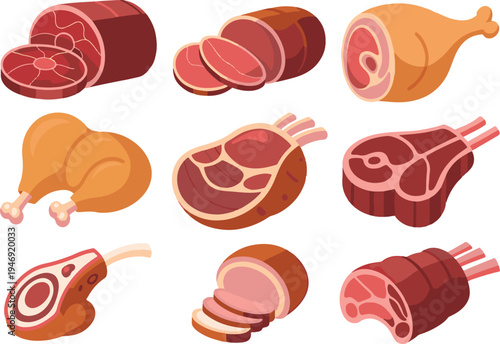 Collection of isometric fresh and cooked meat products including various raw cuts and deli slices for grocery store advertisements