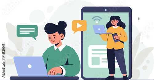 Two individuals communicate and work remotely, using laptops and a large smartphone for digital connection