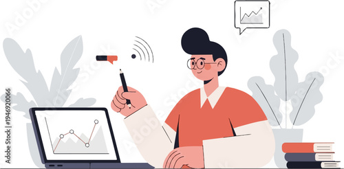 Person at desk with laptop and plant, analyzing data