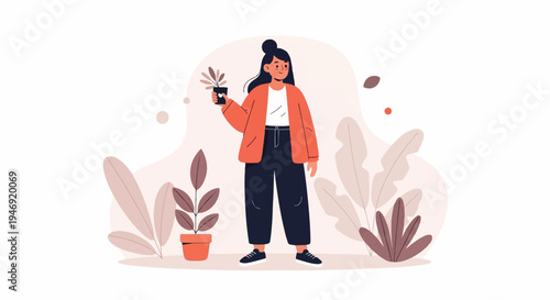 A person holds a potted plant amidst lush foliage and abstract shapes