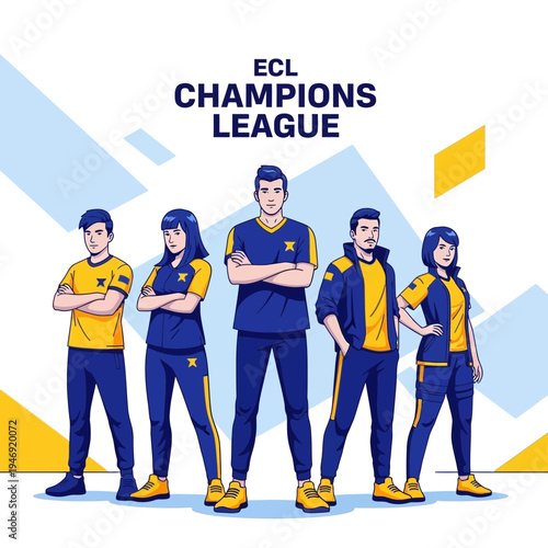 ECL Champions League Team Illustration Featuring Modern Sportswear and Confident Poses