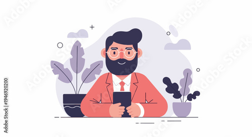Bearded man in suit and glasses with phone and plants