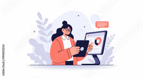 Woman with glasses wearing an orange cardigan interacts with a tablet and computer displaying charts and a speech bubble