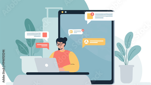 A person with glasses and a bun hairstyle is shown working on a laptop with a large tablet displaying chat bubbles