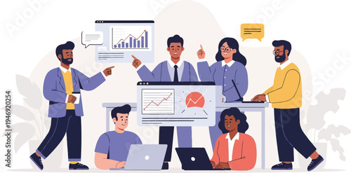 Diverse team collaborating on a project, using laptops and analyzing charts