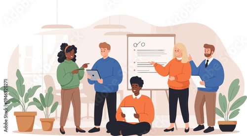 Diverse team collaborates in office space, using technology and whiteboard for a project presentation