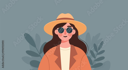Flat illustration of a smiling woman wearing a hat and sunglasses, with plants