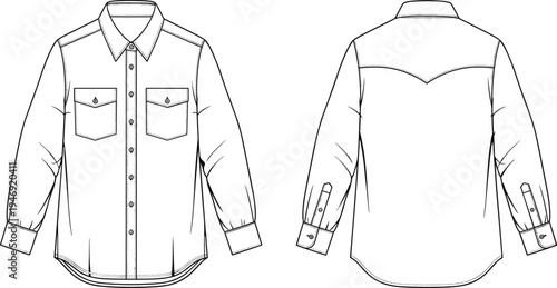Western, shirt, front, back, view, fashion, technical, drawing, line, art, illustration, men, clothing, long, sleeve, button, pocket, designer, template, vector