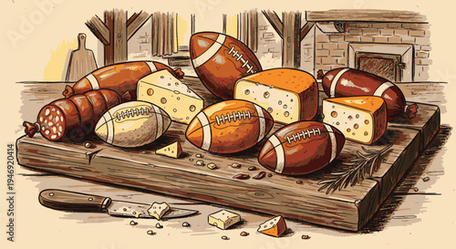 Assorted Cheese and Meat on Wooden Board.