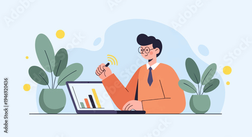 Cheerful man in orange shirt with tie and glasses uses laptop with graph