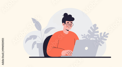 Person wearing glasses and an orange sweater, working on a laptop at a desk with plants